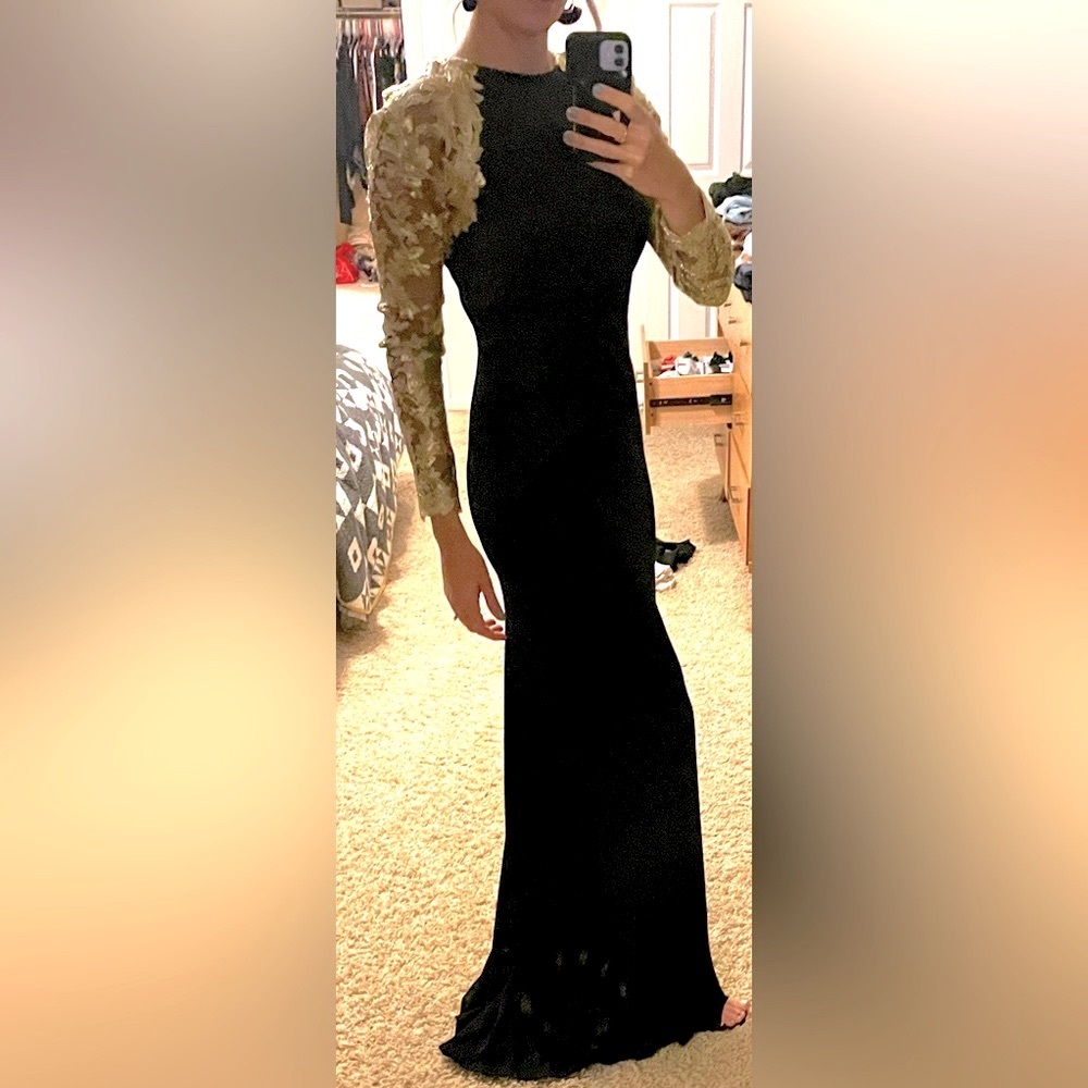 Tadashi Shoji gold long-sleeve gown